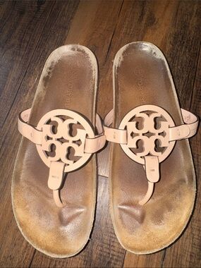 Tory Burch Pale Pink Leather Logo Thong Sandals